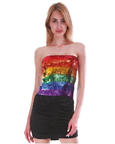 A woman dressed in a strapless rainbow sequin top paired with a black ruched skirt, ideal for festive events.