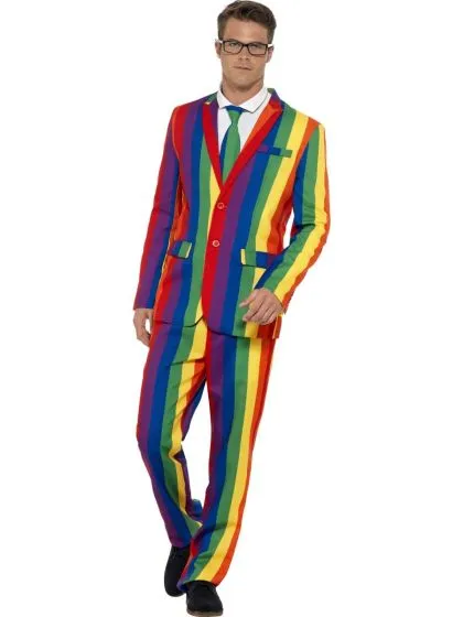 A man dressed in a vibrant rainbow-striped suit with matching trousers, perfect for making a bold Mardi Gras statement.