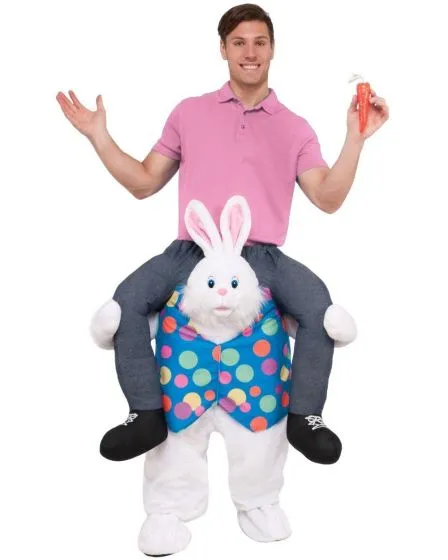 Ride-On Easter Bunny costume featuring an illusion design where a man appears to be carried by a plush white bunny wearing a polka dot vest, complete with stuffed legs for a humorous effect.