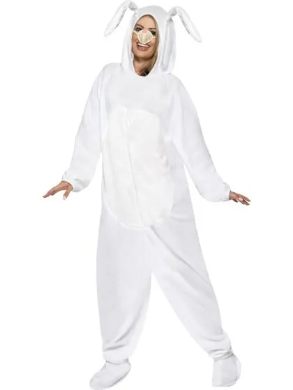 Person wearing a white bunny onesie costume with floppy ears attached to the hood, a soft plush design, and a relaxed fit, posing playfully.