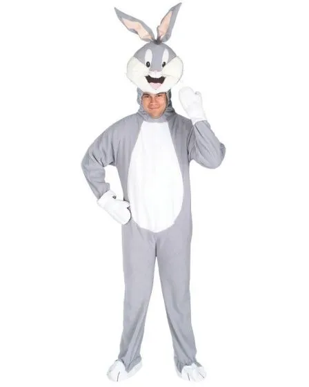 Person wearing a grey and white Bugs Bunny costume, featuring a full-body jumpsuit with a cartoon bunny face hood and long ears, posing with one hand raised.