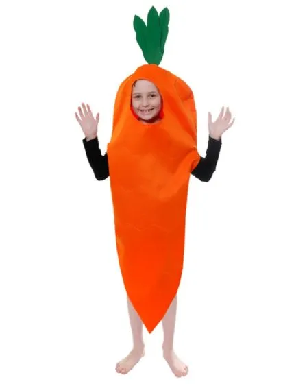 Child wearing a bright orange carrot costume with a green leafy top, smiling and raising their hands in a playful pose.