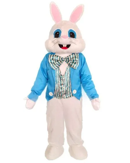Person wearing a full-body Easter Bunny mascot costume with a large plush head, pink ears, white jumpsuit, and a colourful polka-dot vest and bow tie, waving.
