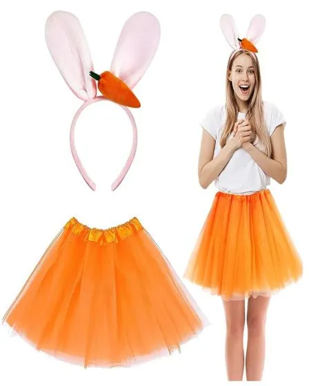 Woman wearing a fun bunny-themed costume set, featuring a bright orange tutu skirt, a headband with pink bunny ears and a small carrot detail, paired with a white top. Separate images display the tutu and headband accessories.