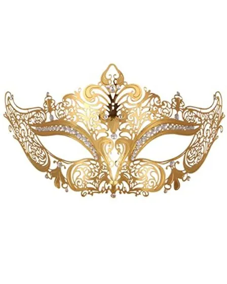 A gold filigree masquerade mask with intricate detailing, ideal for Mardi Gras balls and elegant events.