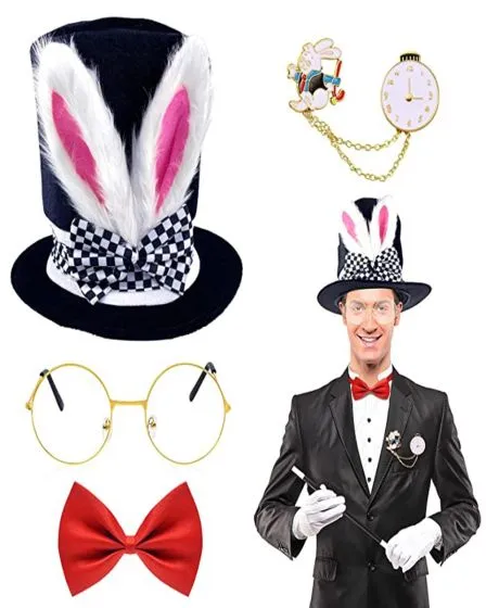White Rabbit costume accessory set featuring a black top hat with bunny ears, gold-rimmed glasses, a red bow tie, white gloves, and a pocket watch, inspired by Alice in Wonderland.