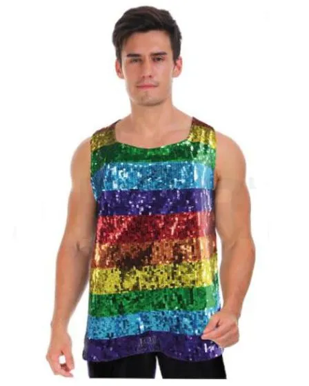 A man wearing a sleeveless sequin top with rainbow stripes, ideal for festive Mardi Gras events.