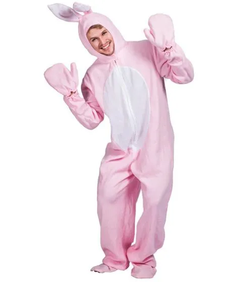 Adult pink bunny costume featuring a full-body plush jumpsuit with an attached hood, floppy bunny ears, oversized mittens, and a white belly patch for a fun Easter look.